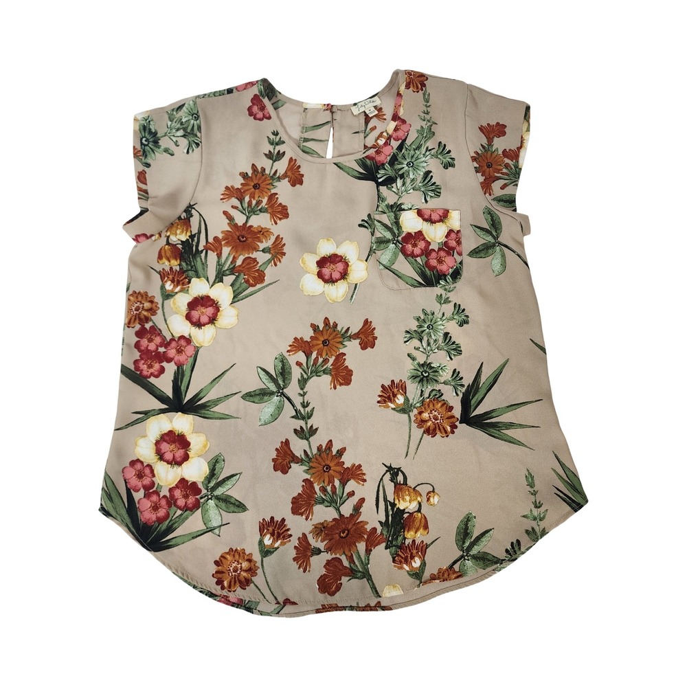 Lily White Womens Floral Cap Sleeve Blouse‎ Tan Orange Crew Neck Pocket Medium